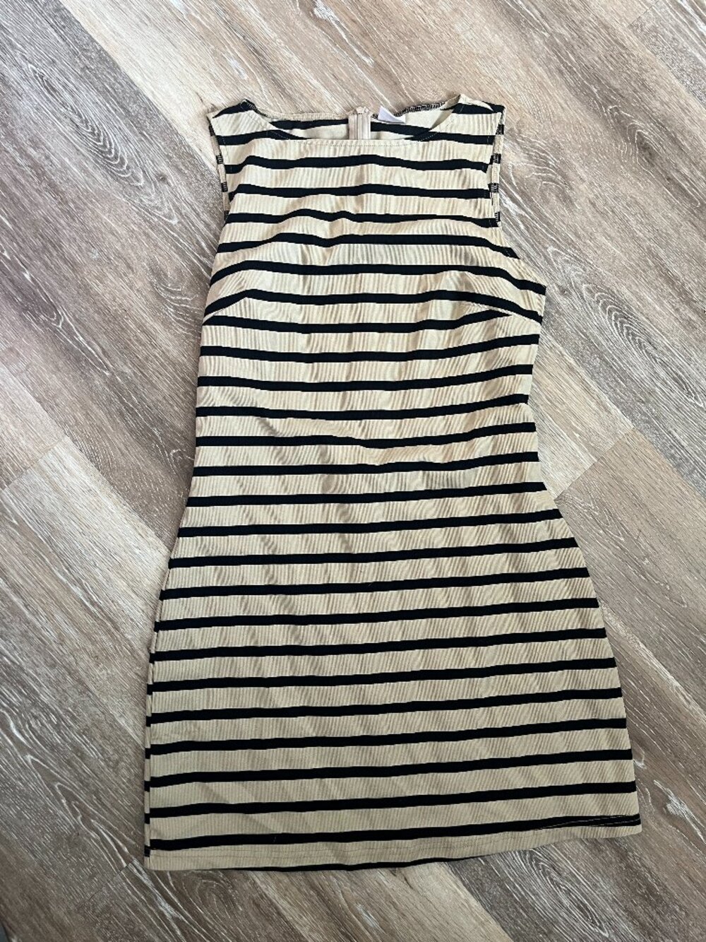 Khaki Striped Summer Sleeveless Boat Neck Mini Dress